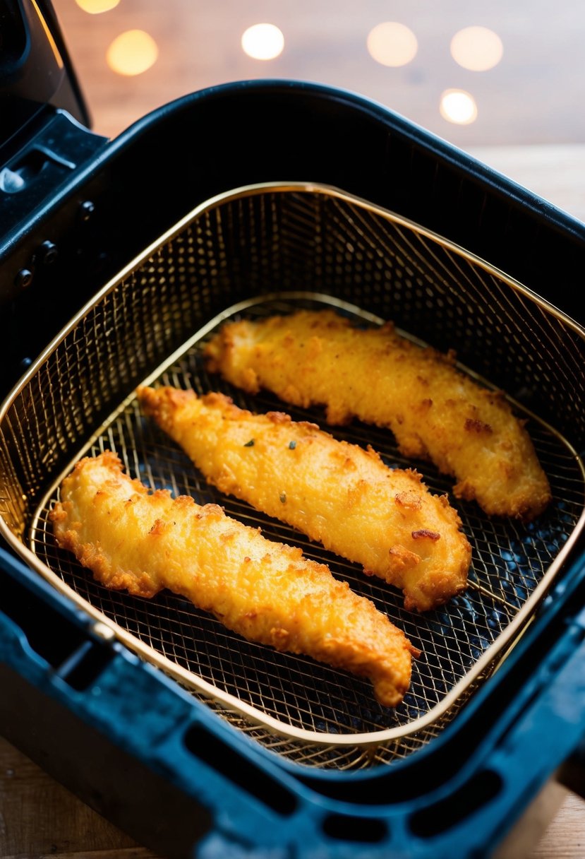 Golden chicken tenders sizzling in an air fryer basket