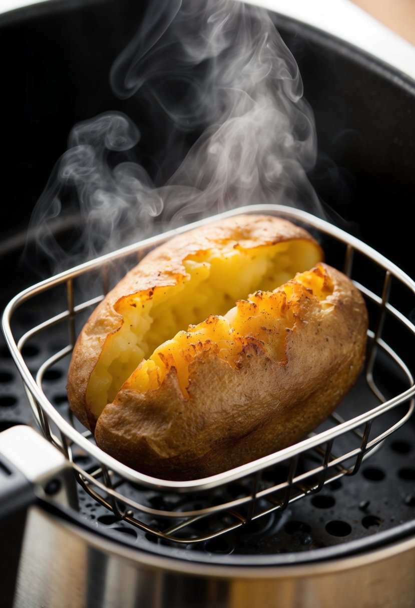 A golden-brown baked potato sits in an open air fryer basket, surrounded by steam and a hint of seasoning