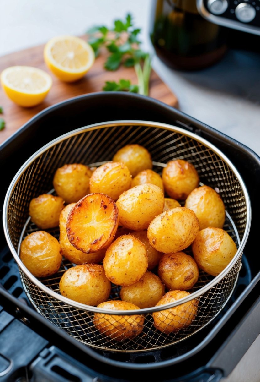 Crispy golden breakfast potatoes sizzling in an air fryer basket