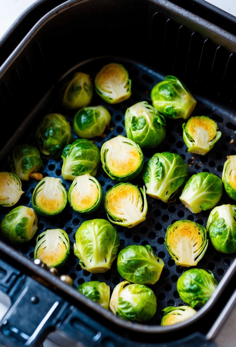 Fresh Brussels sprouts sizzling in an air fryer, golden and crispy