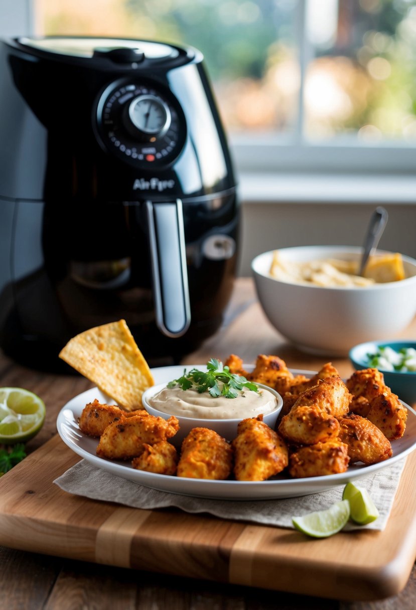 Taco seasoned chicken and cashew cheese dip sit on a table next to an air fryer