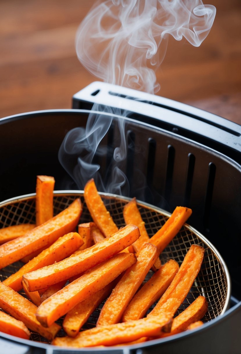 Golden sweet potato fries sizzling in an air fryer basket. Steam rising, crispy texture evident