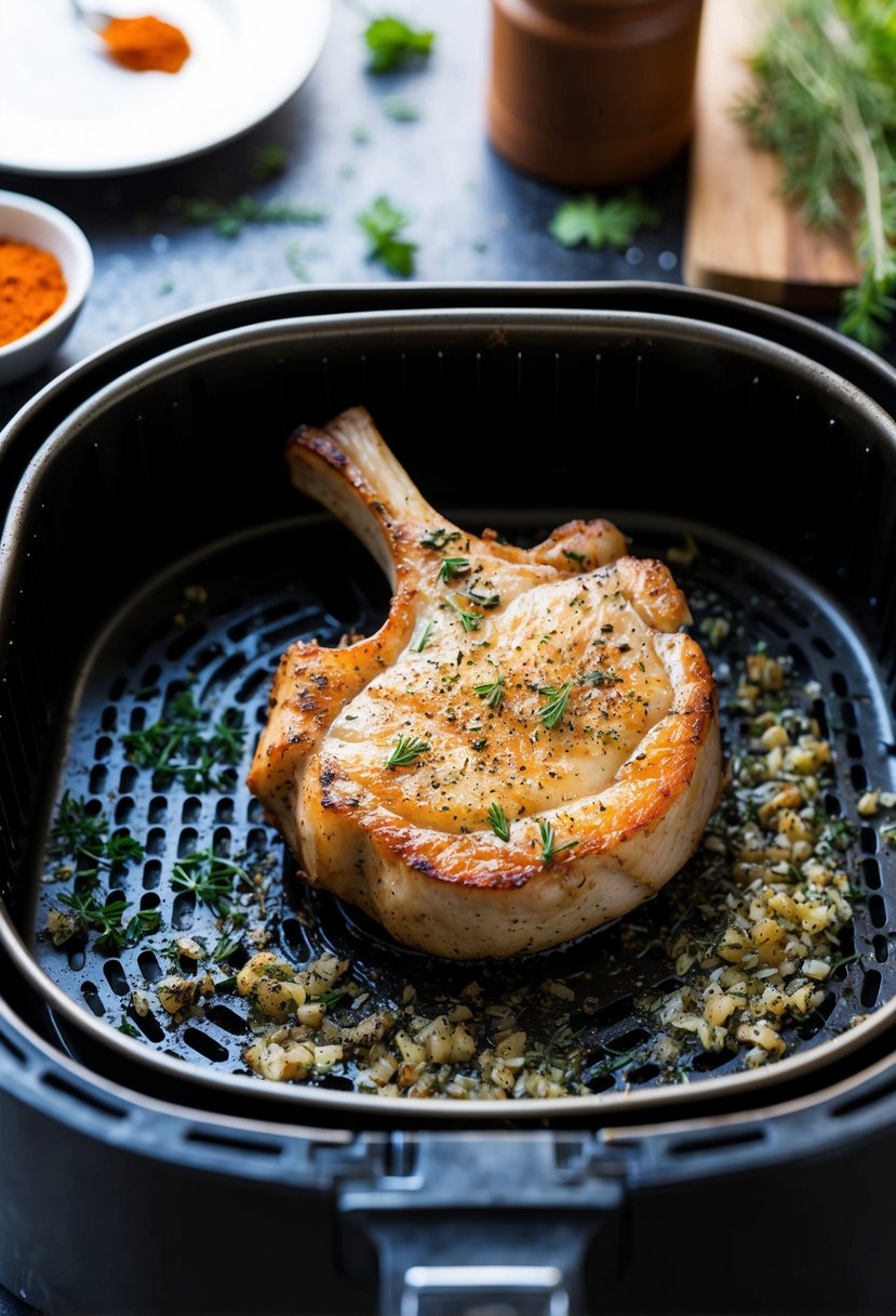 Pork chops sizzling in an air fryer, surrounded by herbs and spices