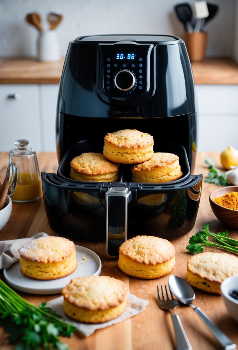 Freshly baked scones emerging from an air fryer, surrounded by ingredients and kitchen utensils