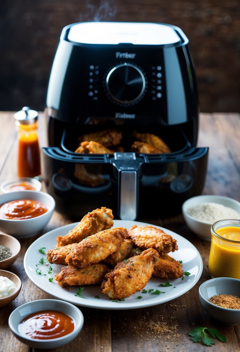 A plate of crispy chicken wings sits next to an air fryer, surrounded by various seasonings and sauces