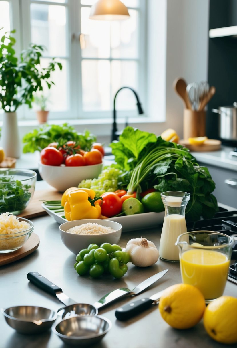 A kitchen counter with fresh ingredients and cooking utensils for preparing vertical diet recipes