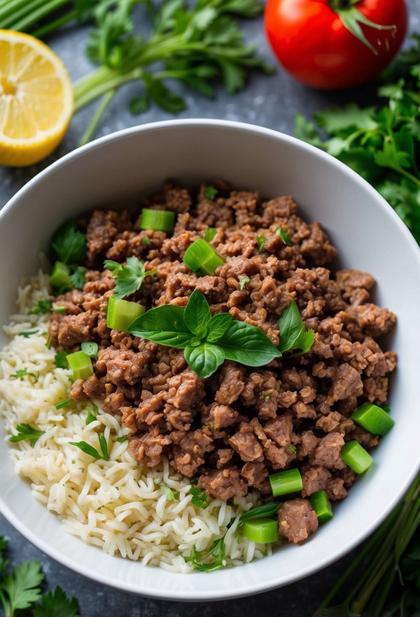 A bowl filled with ground beef and white rice, surrounded by fresh vegetables and herbs