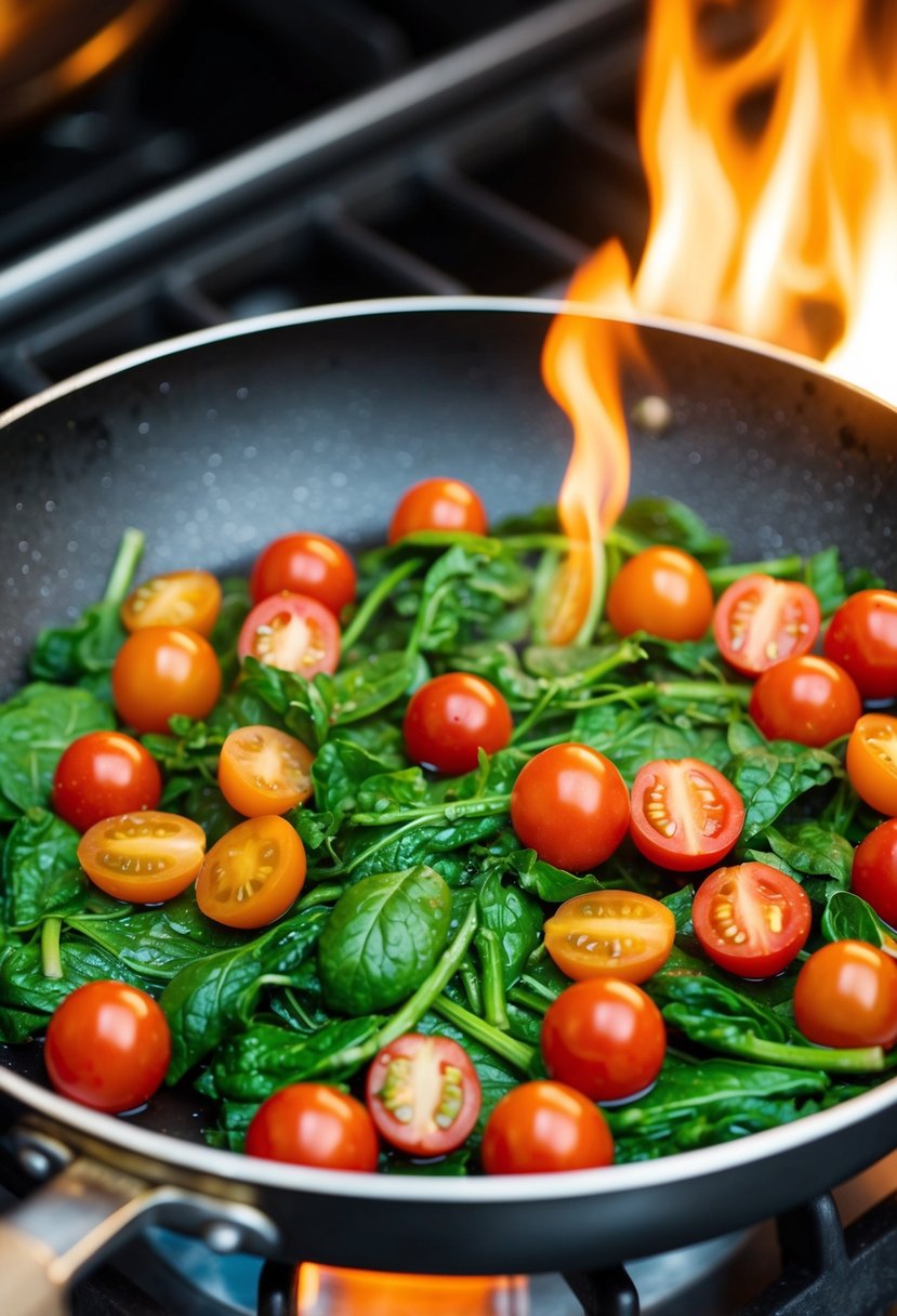 A sizzling pan with spinach and cherry tomatoes stir-frying over a high flame