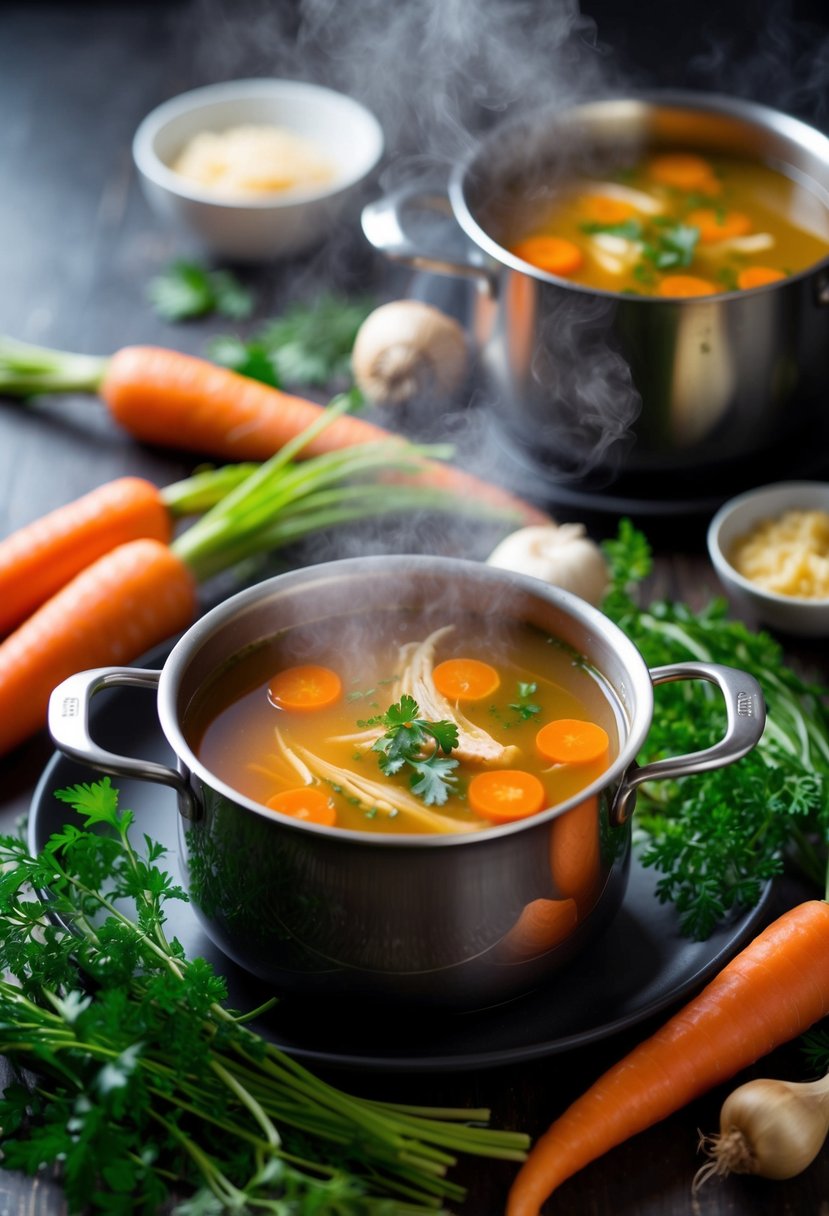 A steaming pot of carrot and chicken broth soup surrounded by fresh vegetables and herbs