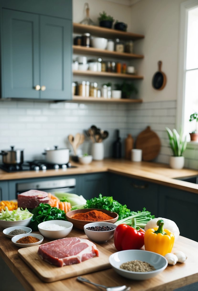 A kitchen counter with various ingredients and cooking utensils laid out for meal prep, including meat, vegetables, and spices