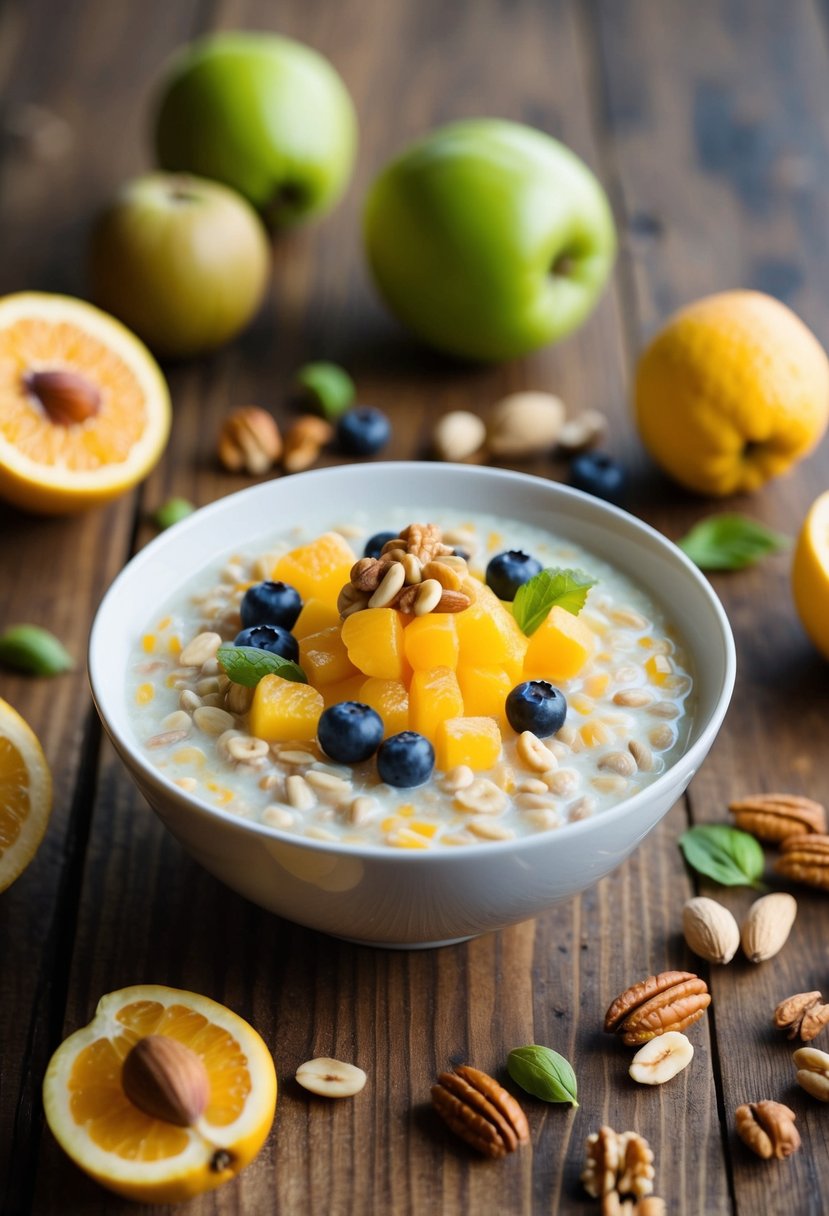 A bowl of nutrient-packed rice cereal surrounded by fresh fruits and nuts on a wooden table