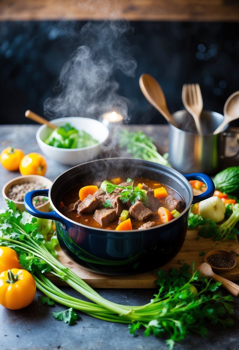 A steaming pot of beef and vegetable stew surrounded by fresh ingredients and cooking utensils on a rustic kitchen counter