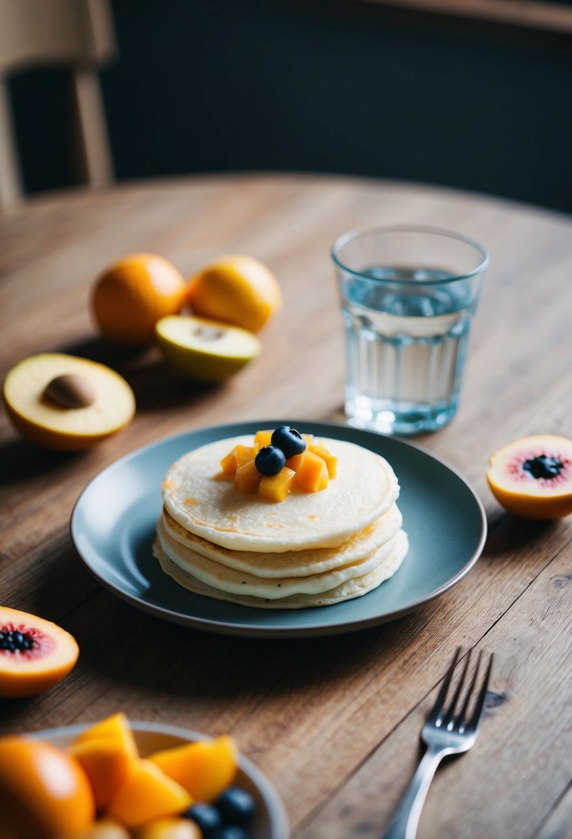 A plate of egg white and rice pancakes surrounded by fresh fruits and a glass of water on a wooden table