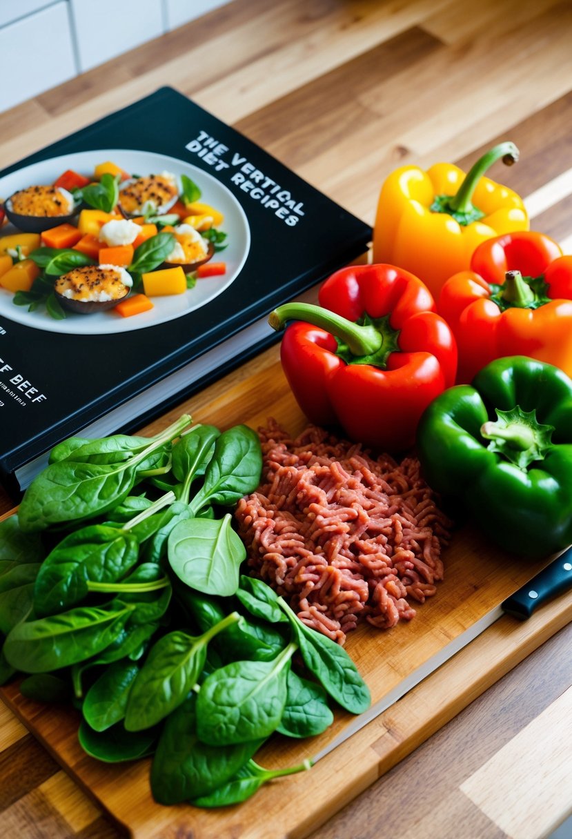 A cutting board with fresh spinach, ground beef, and colorful bell peppers arranged next to a recipe book titled "The Vertical Diet Recipes."