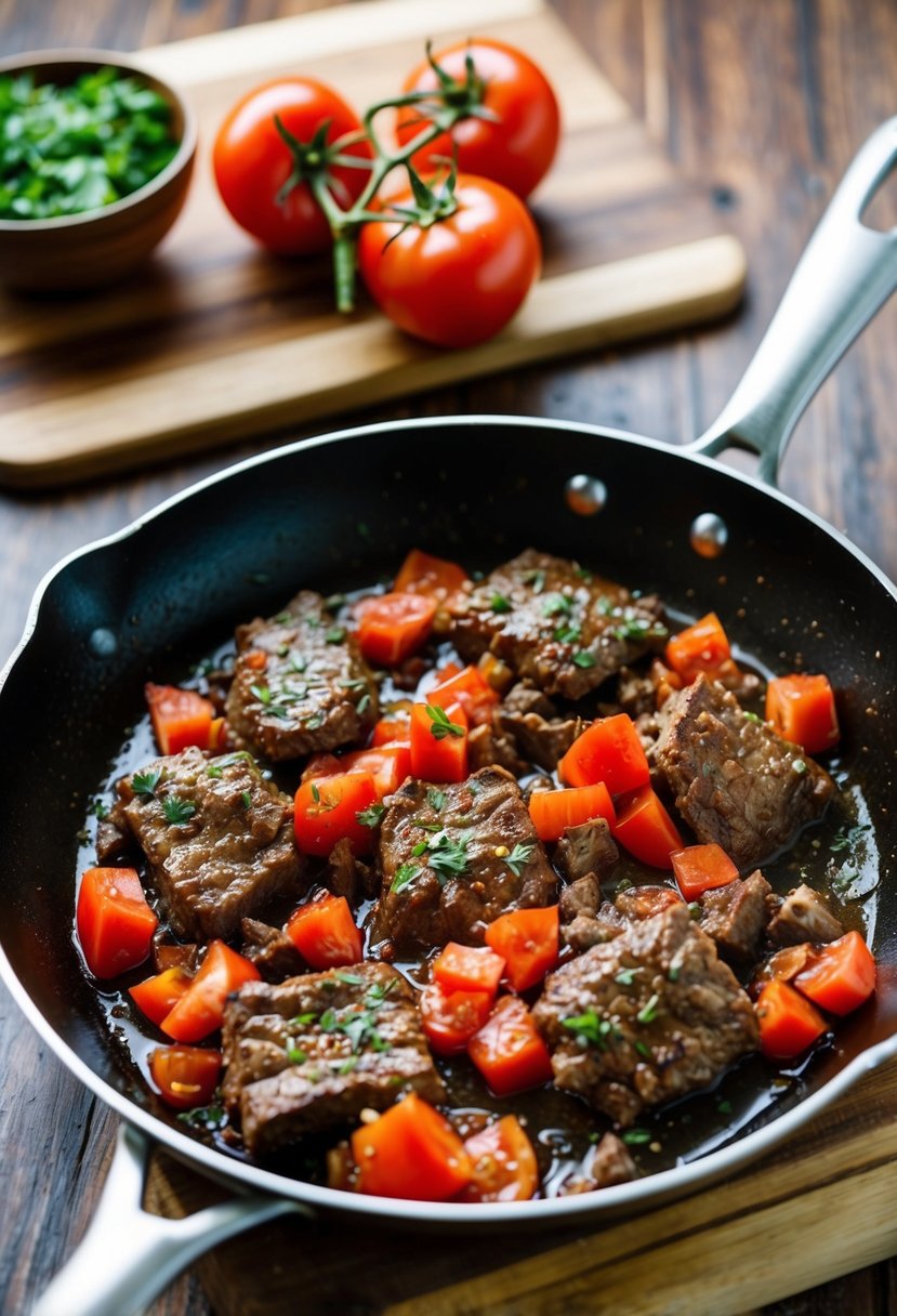 A sizzling skillet with diced tomatoes and beef cooking together