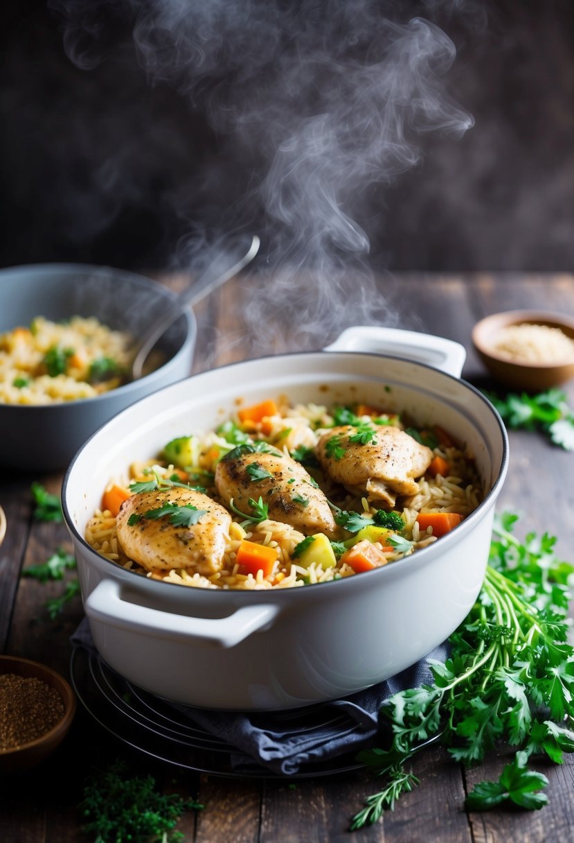 A steaming casserole dish filled with chicken, rice, and vegetables, surrounded by fresh herbs and spices