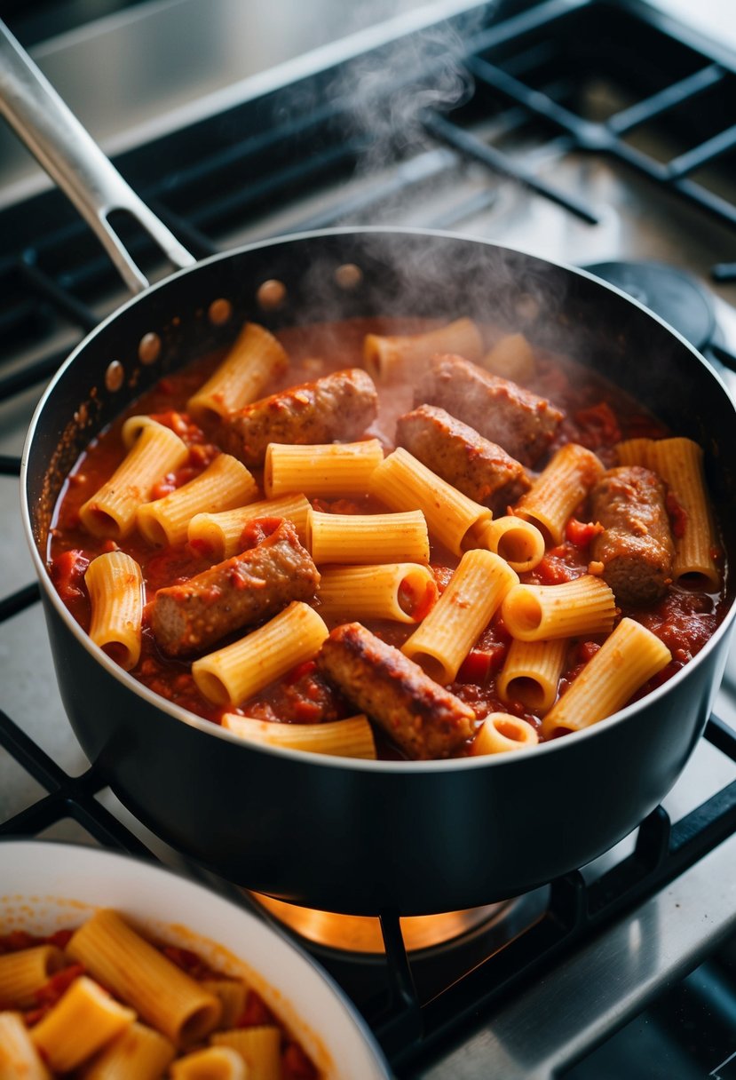 A steaming pot of rigatoni pasta and Italian sausage simmering in a rich tomato sauce on a stovetop