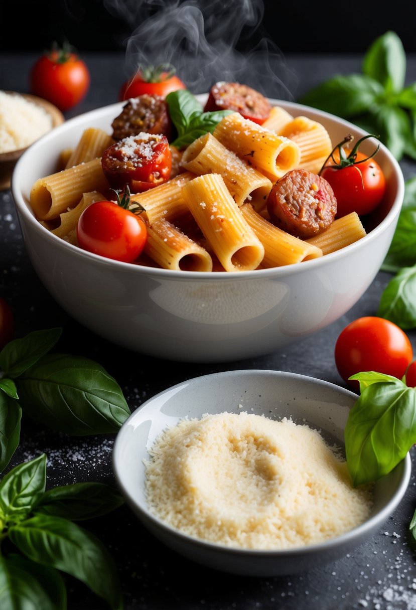 A steaming bowl of rigatoni with spicy Italian sausage and vibrant cherry tomatoes, surrounded by fresh basil leaves and grated Parmesan cheese