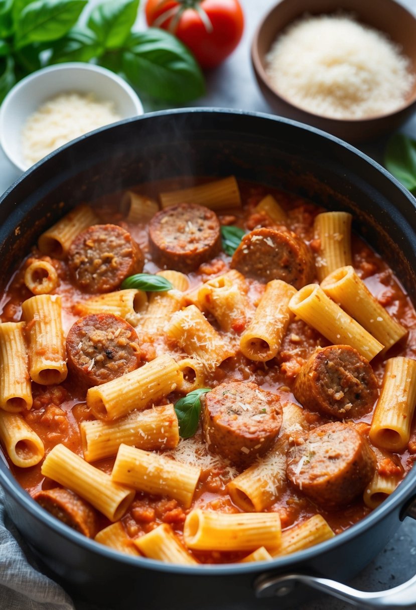 A bubbling pot of rigatoni and sausage simmering in a creamy tomato sauce, surrounded by fresh basil and grated parmesan