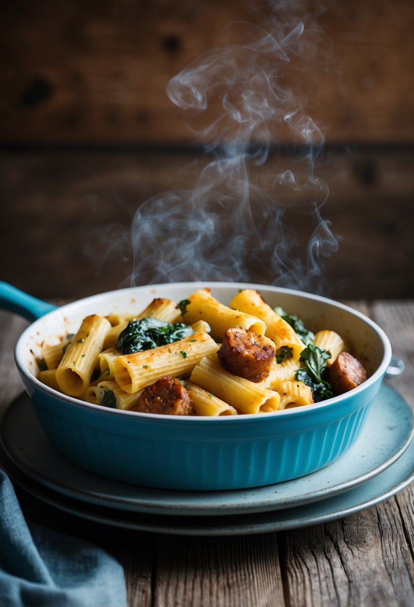 A steaming dish of baked rigatoni with spinach and Italian sausage on a rustic wooden table