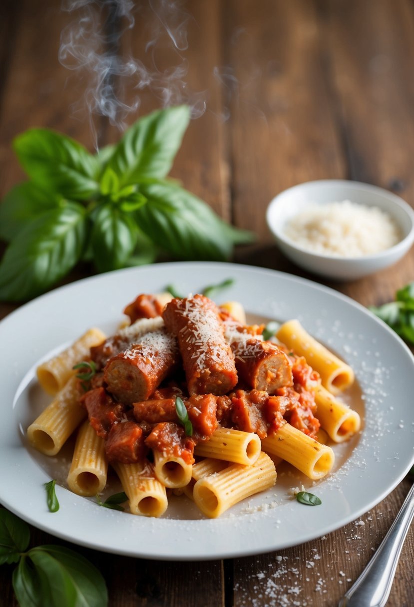 A steaming plate of rigatoni pasta topped with marinara sauce and Italian sausage, surrounded by fresh basil and grated parmesan