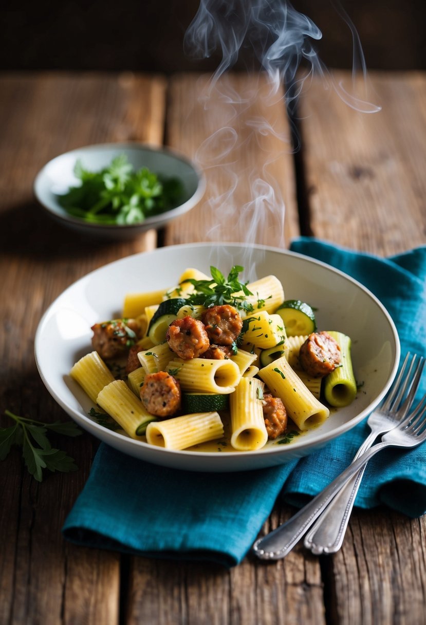 A steaming plate of rigatoni with zucchini and Italian sausage, garnished with fresh herbs, sits on a rustic wooden table