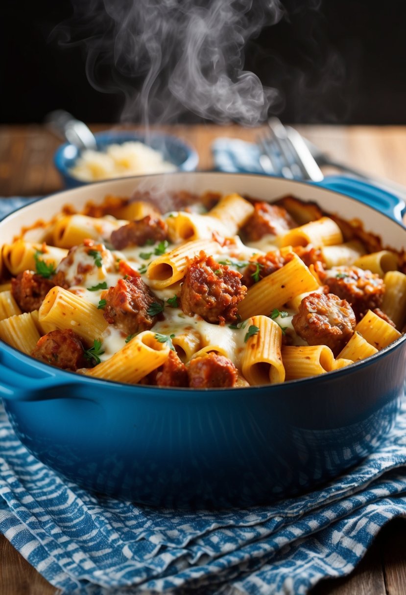 A steaming casserole dish filled with rigatoni, melted cheese, and chunks of flavorful Italian sausage