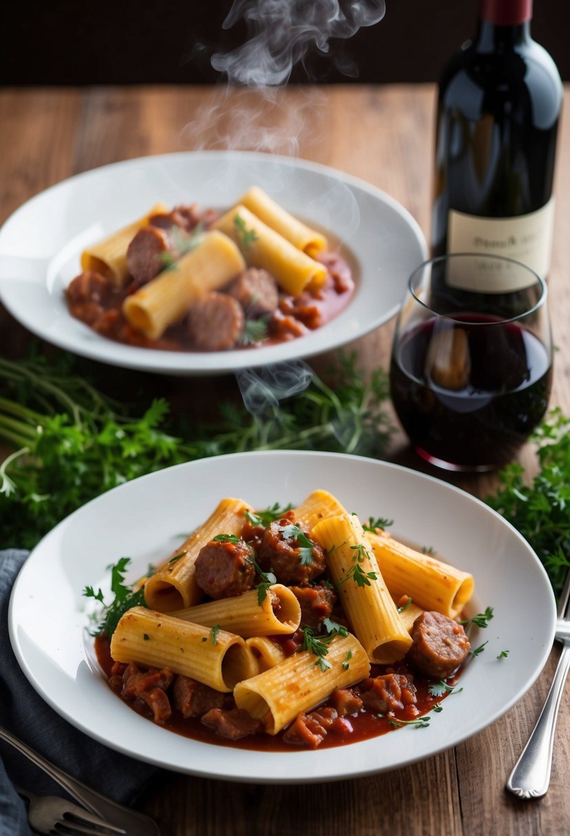 A steaming plate of rigatoni with sausage and red wine sauce, surrounded by fresh herbs and a glass of red wine