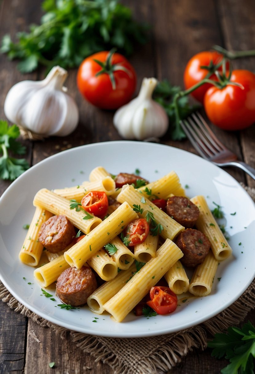 A steaming plate of rigatoni pasta and sausage, surrounded by fresh garlic, tomatoes, and herbs on a rustic wooden table