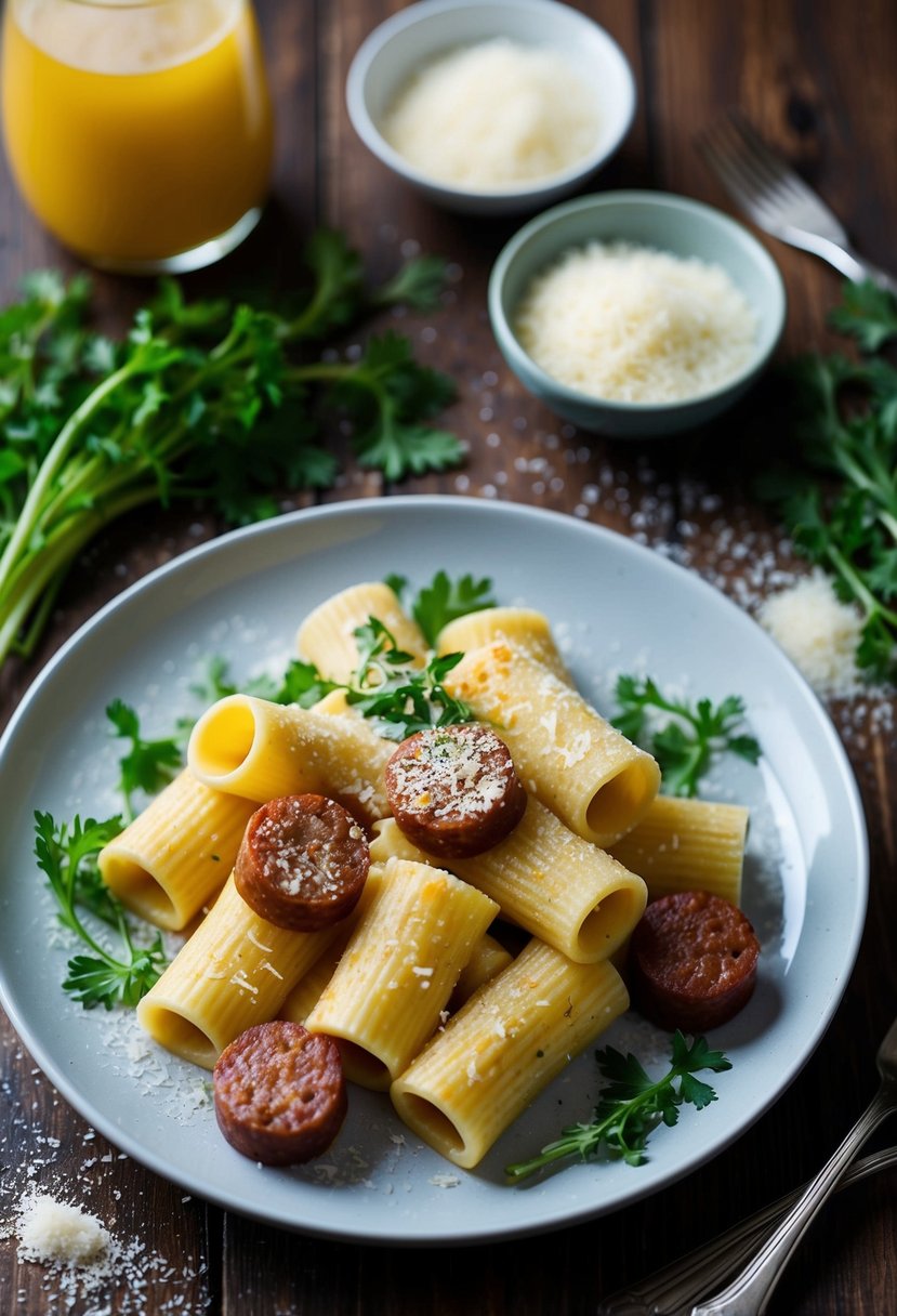 A steaming plate of rigatoni with three cheese and sausage, surrounded by fresh herbs and a sprinkle of grated parmesan