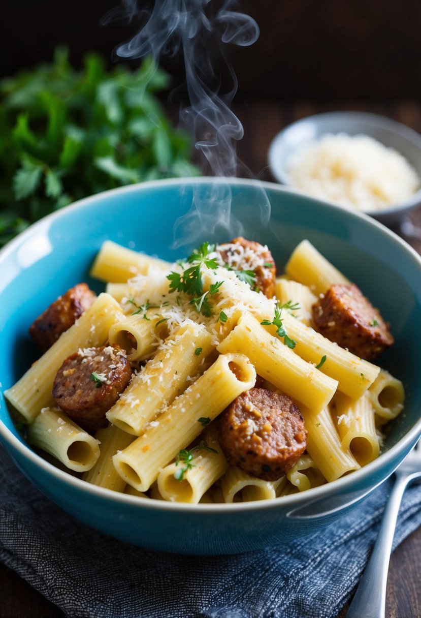 A steaming bowl of rigatoni pasta with classic Italian sausage, garnished with fresh herbs and grated cheese