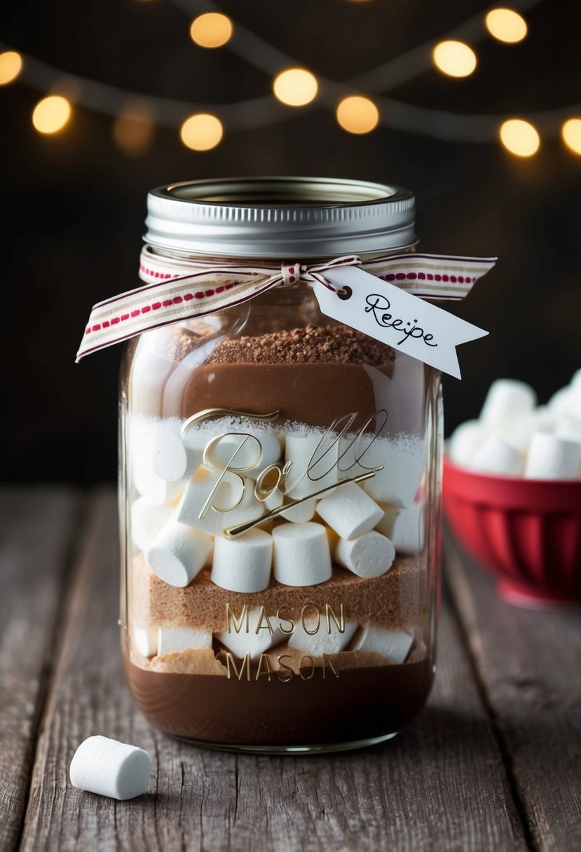 A mason jar filled with layers of cocoa, sugar, and marshmallows, tied with a ribbon and a recipe tag