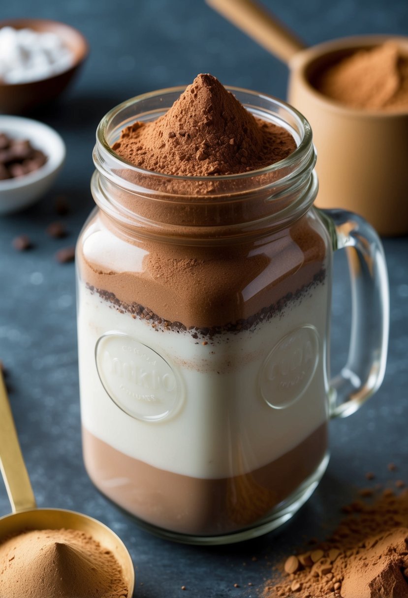 A glass jar filled with layers of cocoa powder and powdered milk, ready to be mixed into a delicious hot chocolate drink