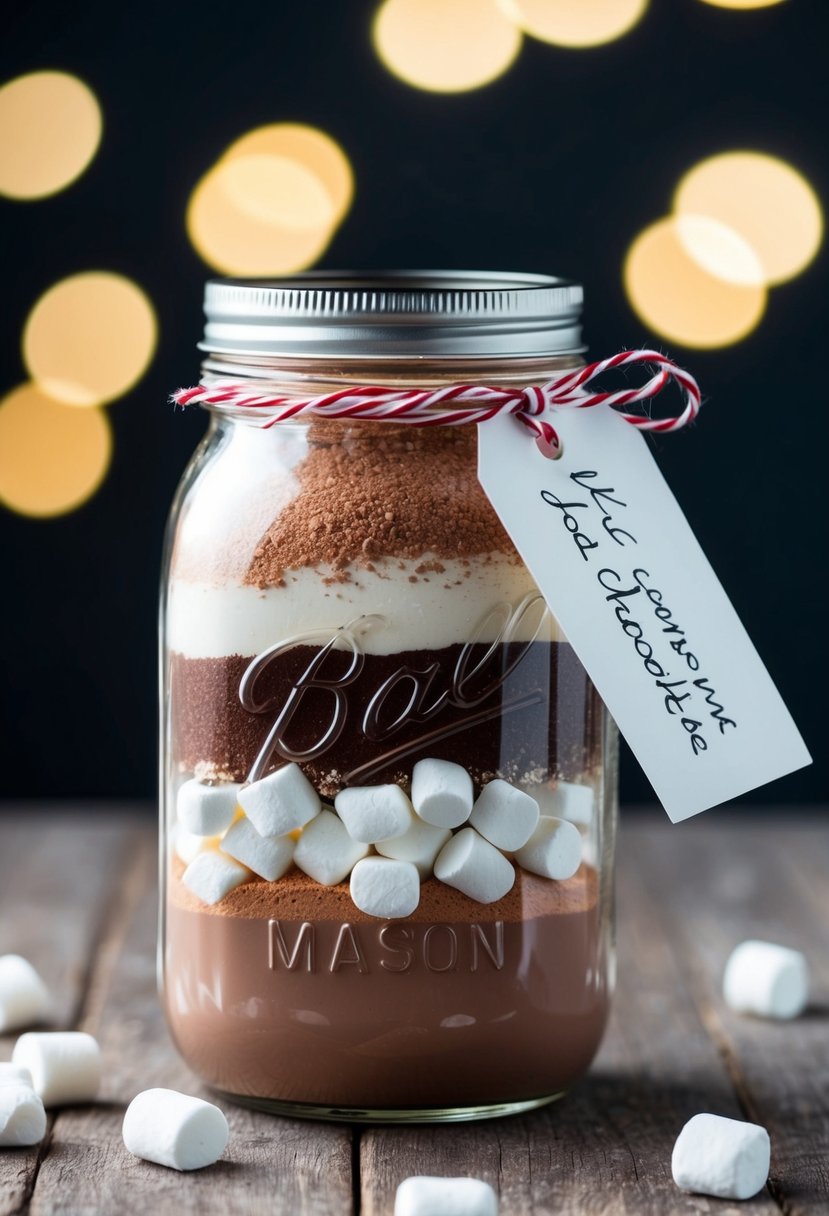 A mason jar filled with layers of hot chocolate mix, cocoa powder, and mini marshmallows, tied with a ribbon and a handwritten tag