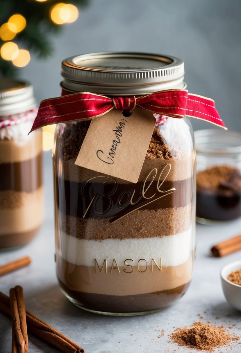 A mason jar filled with layers of cocoa, sugar, and cinnamon, topped with a festive ribbon and a handwritten tag