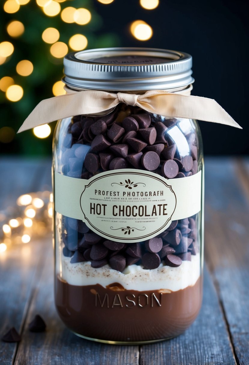 A mason jar filled with layers of dark chocolate chips and hot chocolate mix, tied with a ribbon and a decorative label