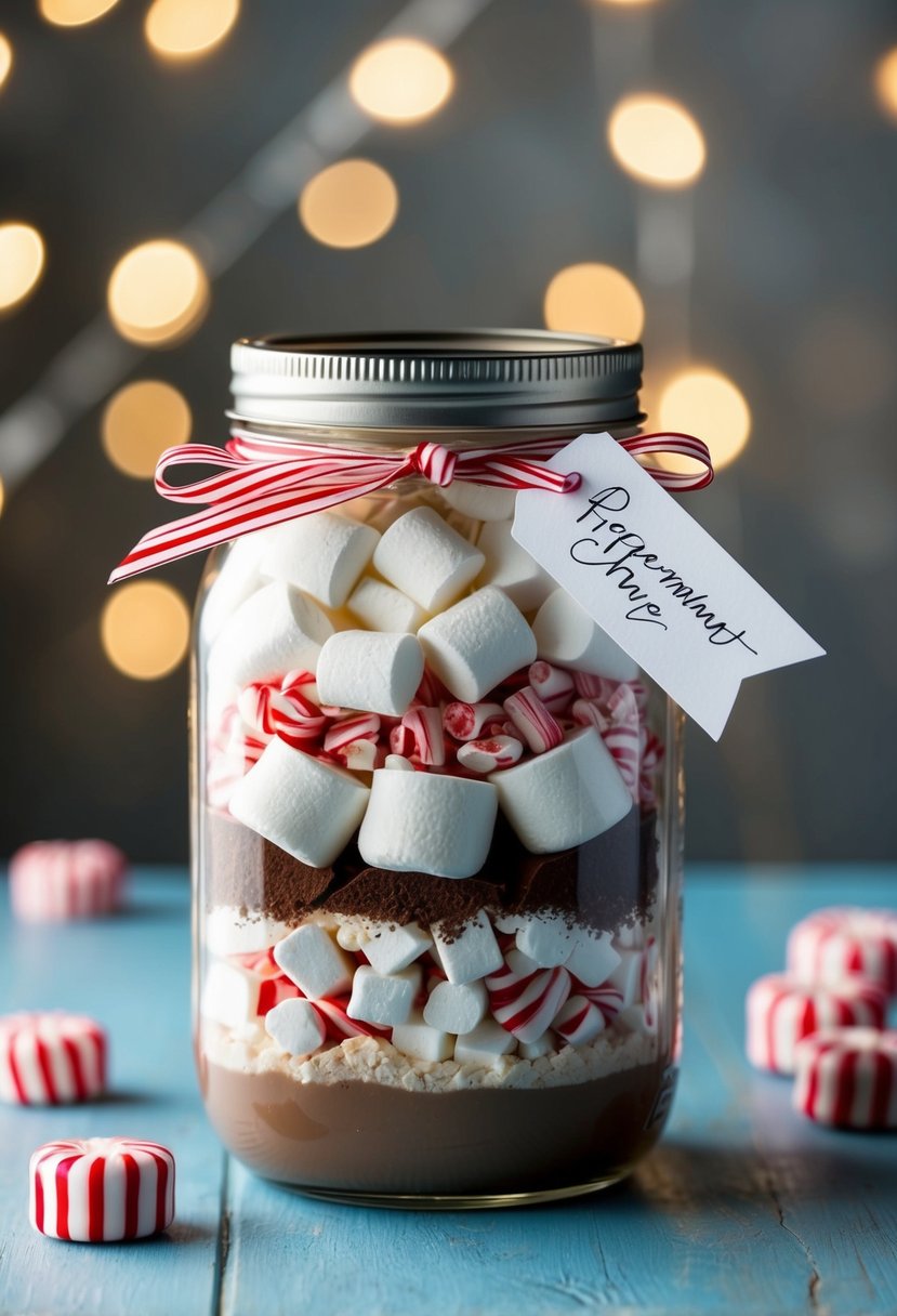 A mason jar filled with layers of hot chocolate mix, marshmallows, and peppermint candies, tied with a ribbon and a handwritten tag