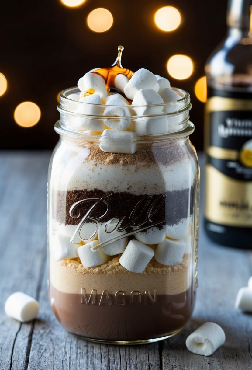 A mason jar filled with layers of cocoa mix, sugar, and mini marshmallows, topped with a splash of vanilla extract