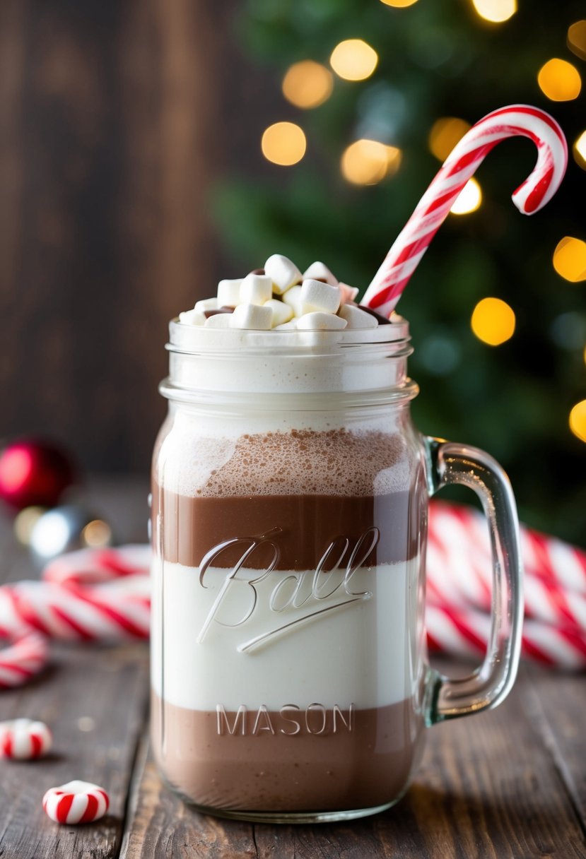 A mason jar filled with layers of hot chocolate mix, topped with a cute candy cane for stirring