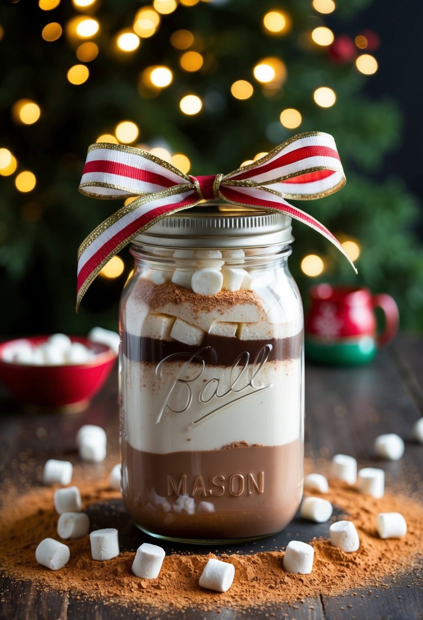 A mason jar filled with layers of hot chocolate mix, topped with a festive ribbon and surrounded by scattered cocoa powder and mini marshmallows