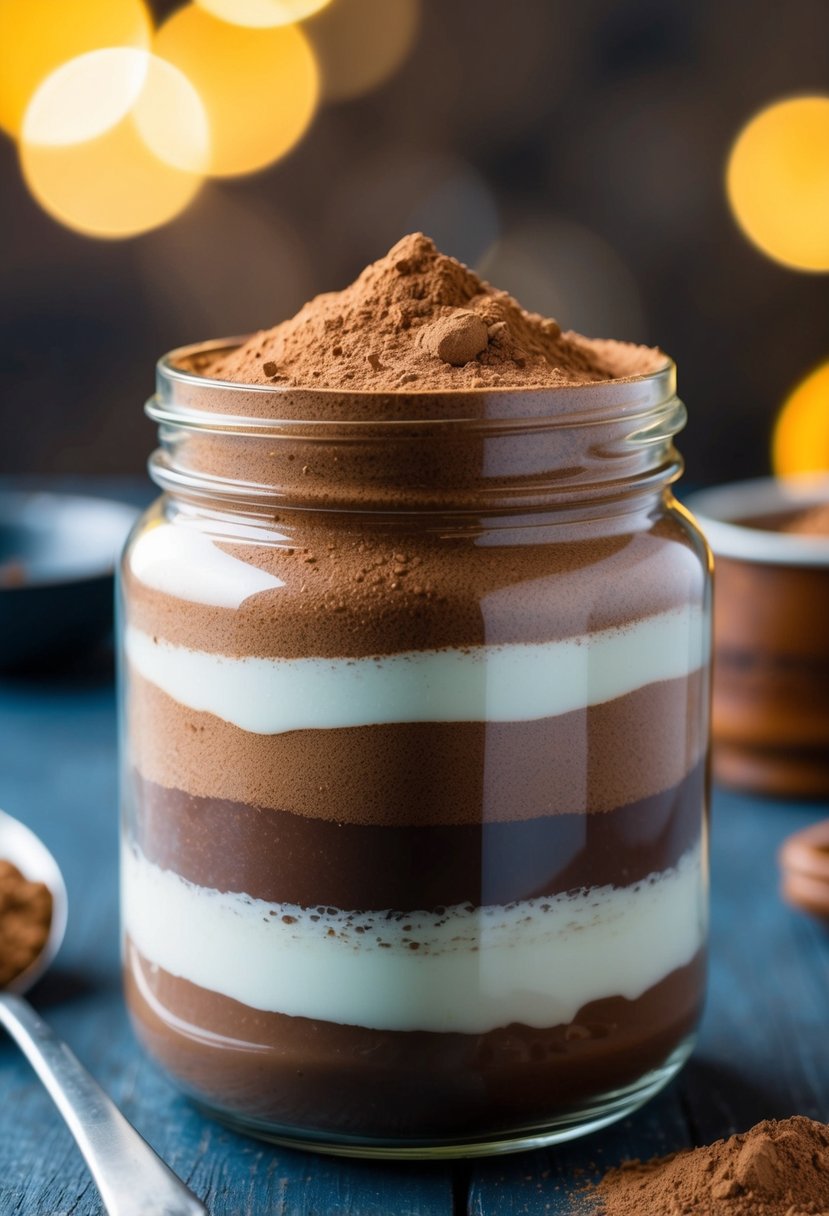 A jar filled with layers of sweetened cocoa powder, ready to be mixed for homemade hot chocolate