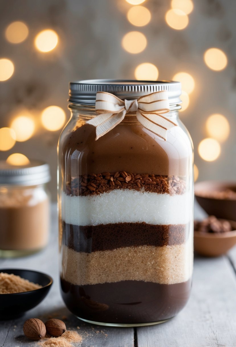 A jar filled with layers of cocoa, sugar, and nutmeg, topped with a bow