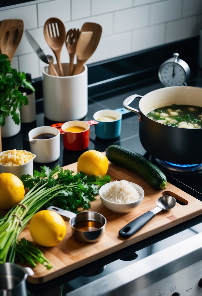 Fresh ingredients arranged on a cutting board, surrounded by measuring cups and cooking utensils. A pot simmers on the stove while a timer ticks nearby