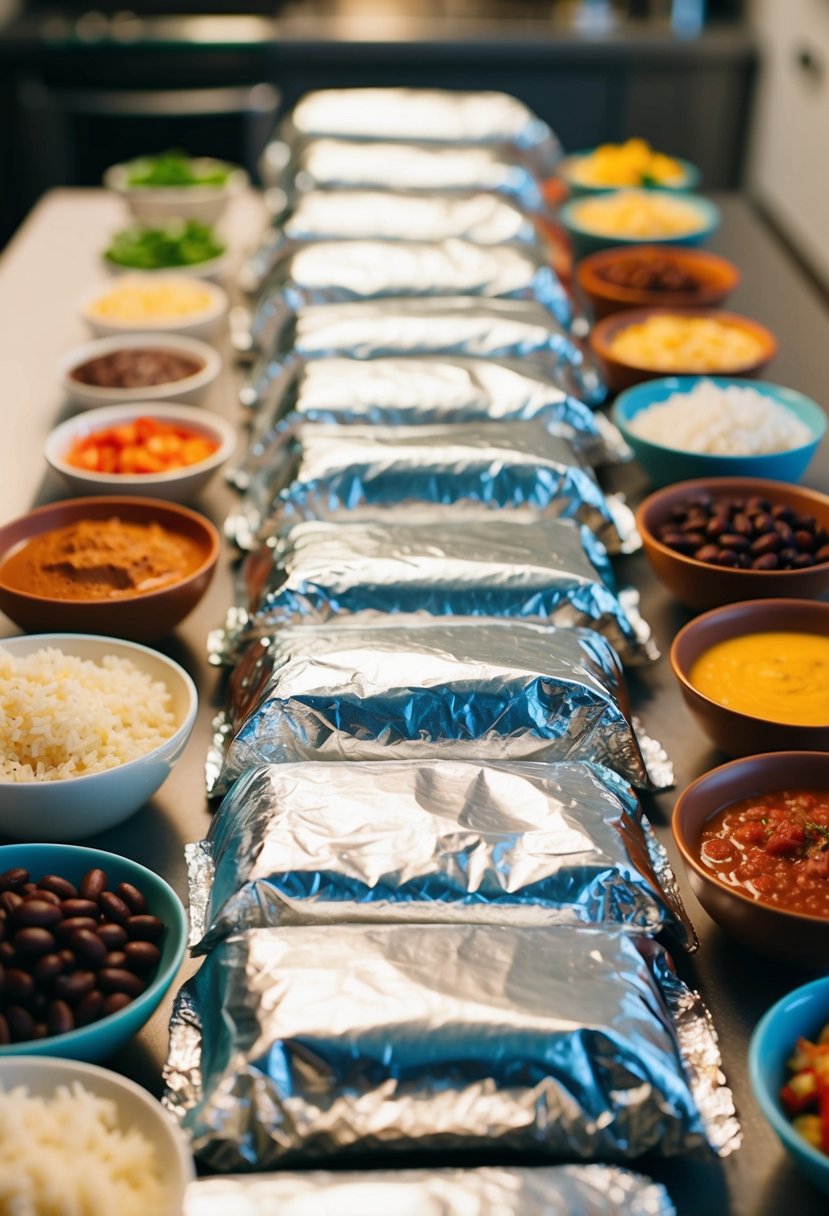 A kitchen counter with pre-made burritos wrapped in foil, arranged neatly in rows, surrounded by ingredients like beans, rice, and salsa