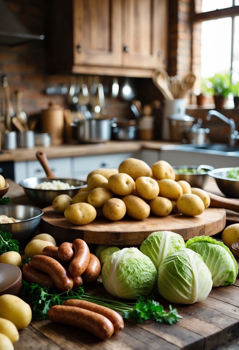 A rustic kitchen with a wooden cutting board, a pile of fresh potatoes, cabbage, and sausages, surrounded by various cooking utensils and ingredients