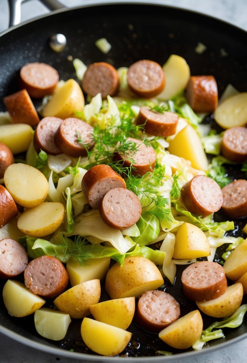 A sizzling skillet holds a medley of sliced sausage, potatoes, and cabbage, all cooking together in a savory, aromatic blend