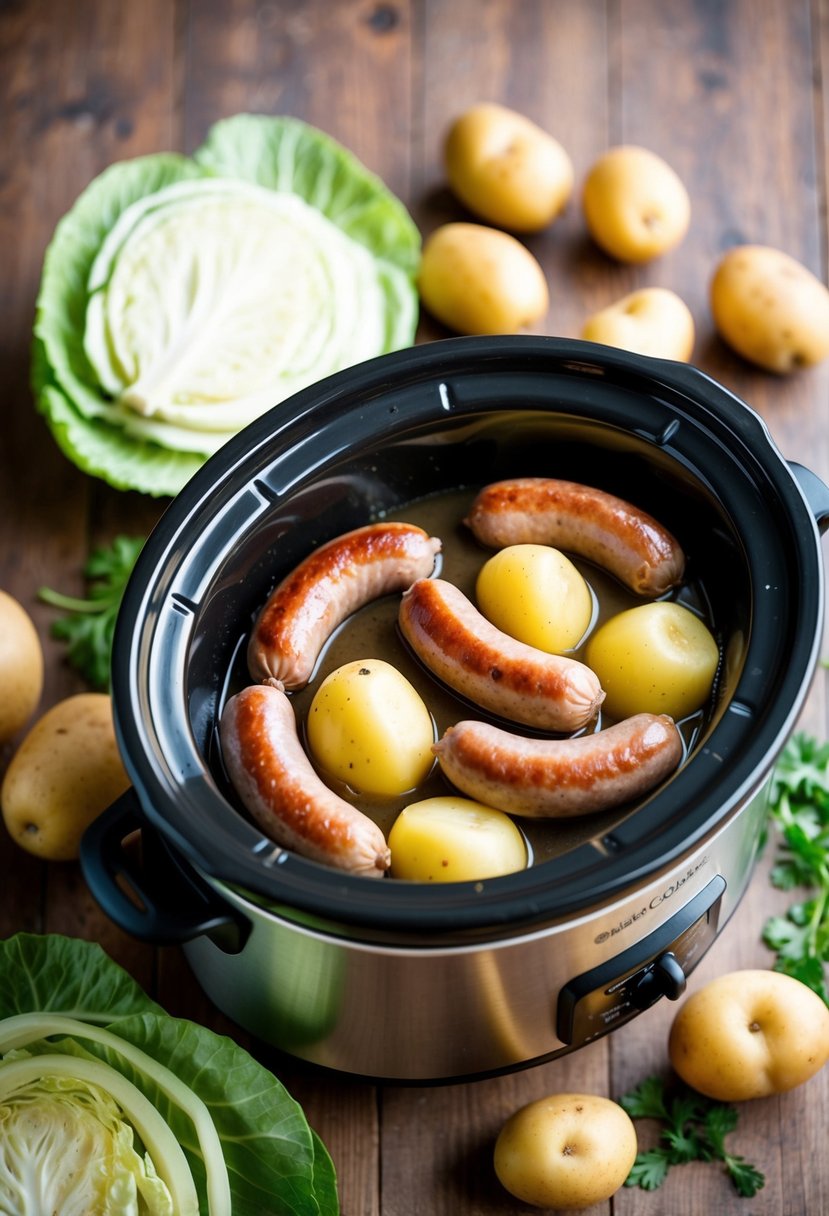 A slow cooker surrounded by fresh sausages, potatoes, and cabbage, ready to be cooked together