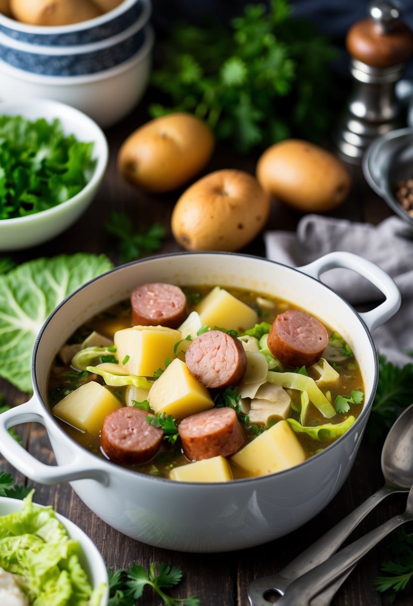 A pot of simmering stew with chunks of potato, cabbage, and Polish sausage, surrounded by fresh ingredients and a cozy kitchen atmosphere