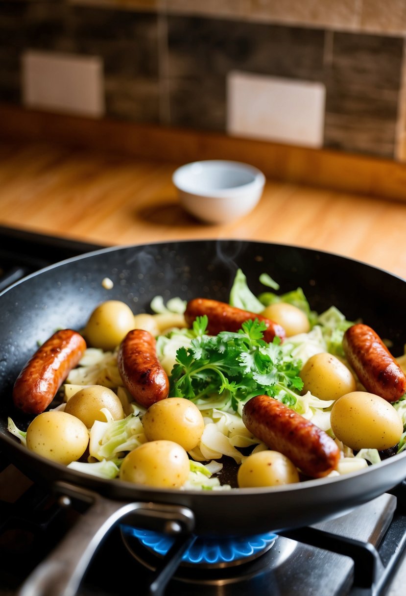 A sizzling skillet with kielbasa, potatoes, and cabbage cooking together over a stove