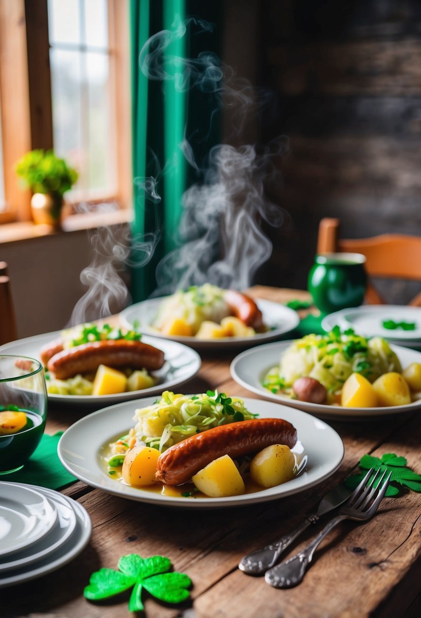 A rustic table set with a hearty St. Patrick's Day dinner of sausage, cabbage, and potatoes, with steam rising from the hot dishes